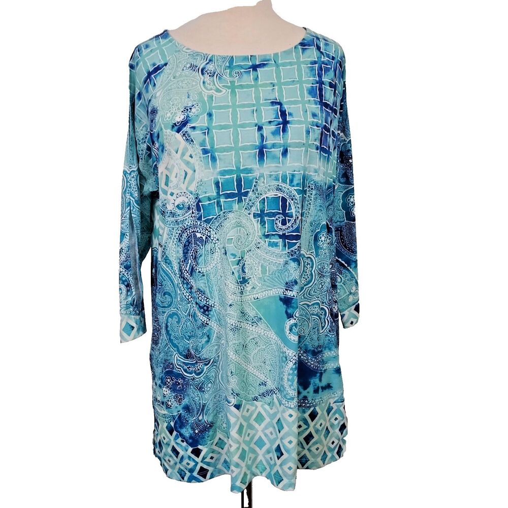 Chico's Zenergy Size 2 Women Large Paisley Tunic Top Cold Shoulder Long Sleeve